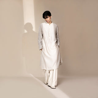 full body front view of Textured kurta – classic Indian kurta with detailed surface work, men's kurta, festive ethnic outfit