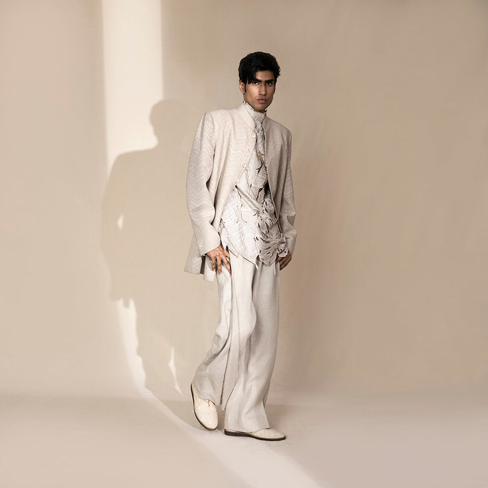 Tonal chevron threadwork Bandhgala – subtle textured Indian menswear, statement , carnvial look 