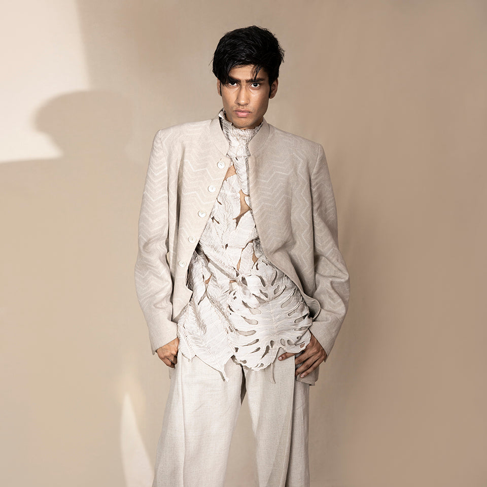 Men's tonal chevron Bandhgala with leaf-cut textured shirt – modern Indian fusion set for statement occasions
