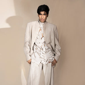 Men's tonal chevron Bandhgala with leaf-cut textured shirt – modern Indian fusion set for statement occasions