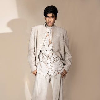 Men's tonal chevron Bandhgala with leaf-cut textured shirt – modern Indian fusion set for statement occasions