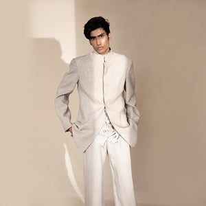Men's ivory chevron Bandhgala with curved hem and abstract textured shirt – refined Indian occasionwear