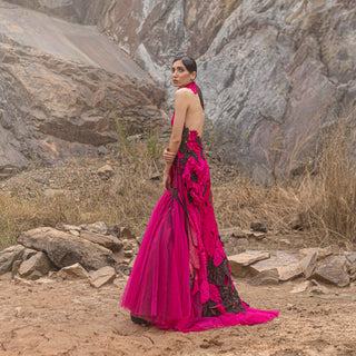 Tropical sculpted dress with sheer bodice – bold designer outfit with sheer detailing, red carpet gown