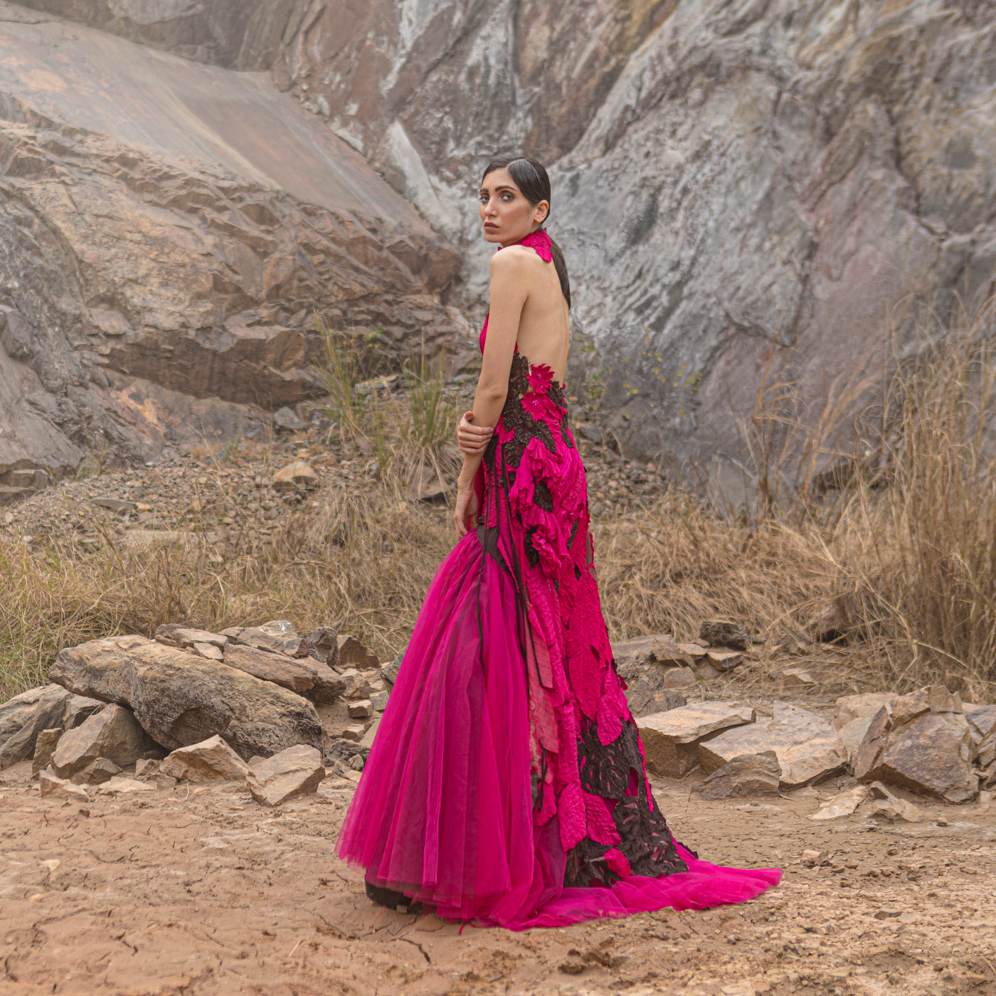 TROPICAL SCULPTED DRESS WITH SEE THROUGH BODICE TROPICAL SCULPTED DRESS WITH SEE THROUGH BODICE