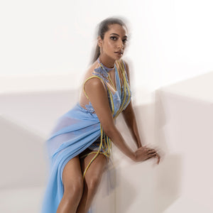 Women's blue V-neck short dress with pleated drape, bead accents, and sheer applique – elegant mini for refined evenings