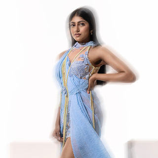 Women's blue digital bead embellished dress with sheer applique bodice and slit detail – sleek partywear for chic evenings