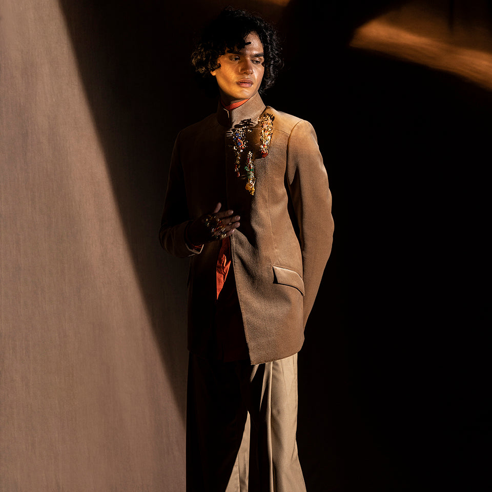 Velvet Bandhgala with deep pleat wide hem trouser – luxurious designer wear for men, classic bandhgala, reception look 