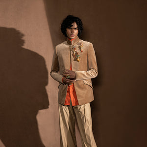 front view of Men's velvet Bandhgala with jewel embellishment and mandarin collar – structured festive jacket paired with wide-leg trousers for reception or occasion wear