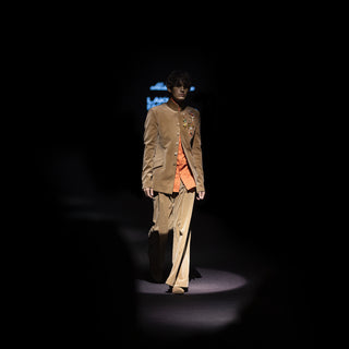 Men's velvet Bandhgala with front buttons and jewel embroidery, styled with wide-leg trousers – couture menswear set for runway or reception dressing